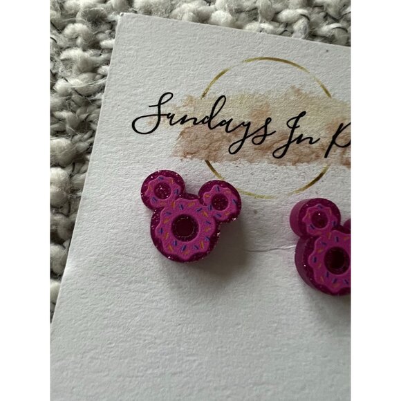 MICKEY Ear Pink Donut Stud Park Earrings NEW - Picture 3 of 4